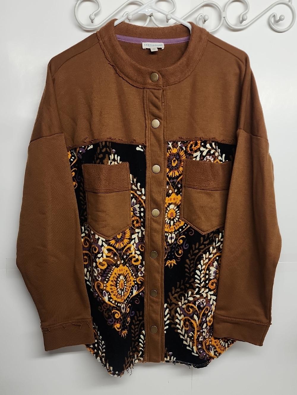 Earthbound Oversized Brown Patchwork Snap Button Shirt Jacket SZ M GARDENCORE